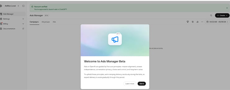 OpenAI Ads Manager Beta welcome screen during advertiser account setup