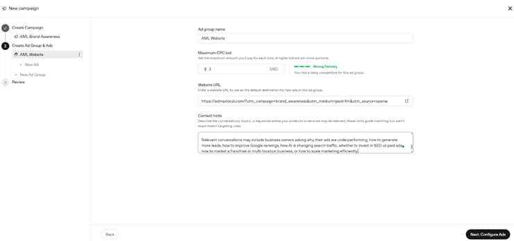 OpenAI Ads Manager Beta ad group setup showing CPC bid and contextual targeting configuration